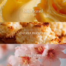 Three images labeled 'butter accord', 'coconut macaroon', and 'almond blossom' with corresponding products
